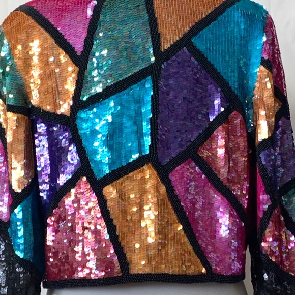 Vintage 80s/90s SCARLET RAGE Sequin Cropped Jacket Size M Multicolour SILK - Picture 6 of 12